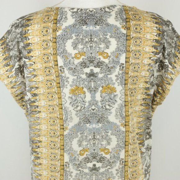 Lucky Brand Women's Medium Yellow Black Split Scoop Neck Tie Hem Cap Sleeve Tee - Picture 5 of 10